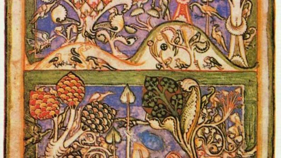 Detail of the Waldlandschaft scene of Carmina Burana on parchment in Munich.