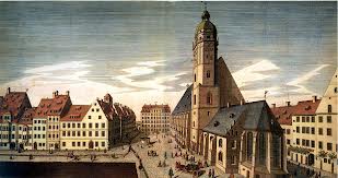 A view of Leipzig, Germany, showing St. Thomas Church with its courtyard and school. Line engraving, c1735, by J.G. Schreiber.