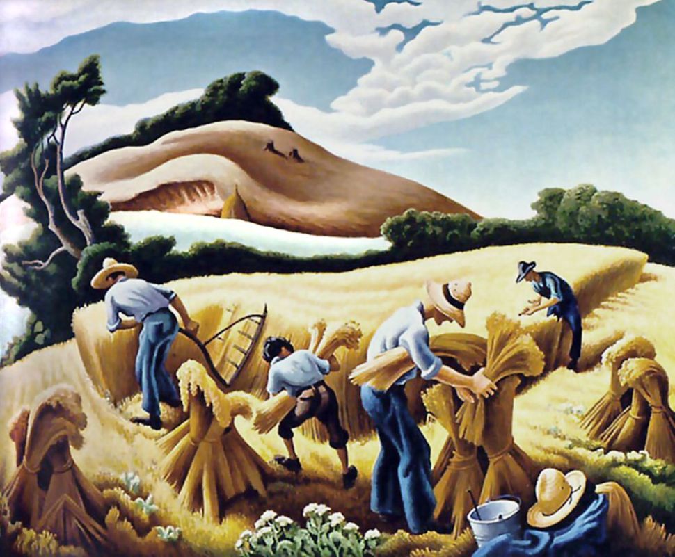 Cradling Wheat (1938), by Thomas Hart Benton (1889–1975) Tempera and oil on board.  The painting is in the St. Louis Art Museum.