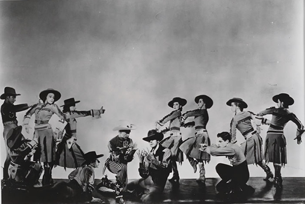 The Cast of "Billy the Kid." Featuring Erick Hawkins, Eugene Loring, and Lew Christensen, center, 1938. Photo George Platt Lynes. Jerome Robbins Dance Division, The New York Public Library for the Performing Arts, Astor, Lenox and Tilden Foundations. © Estate of George Platt Lynes.